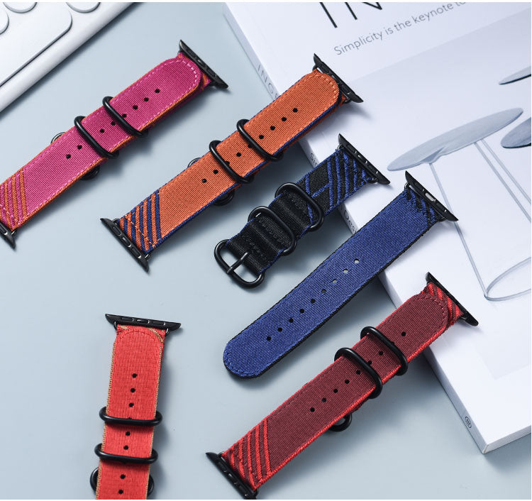 Nylon Band for Apple Watch With Unique Diagonal Stripe and Creative Buckle and Double Fixed Loop
